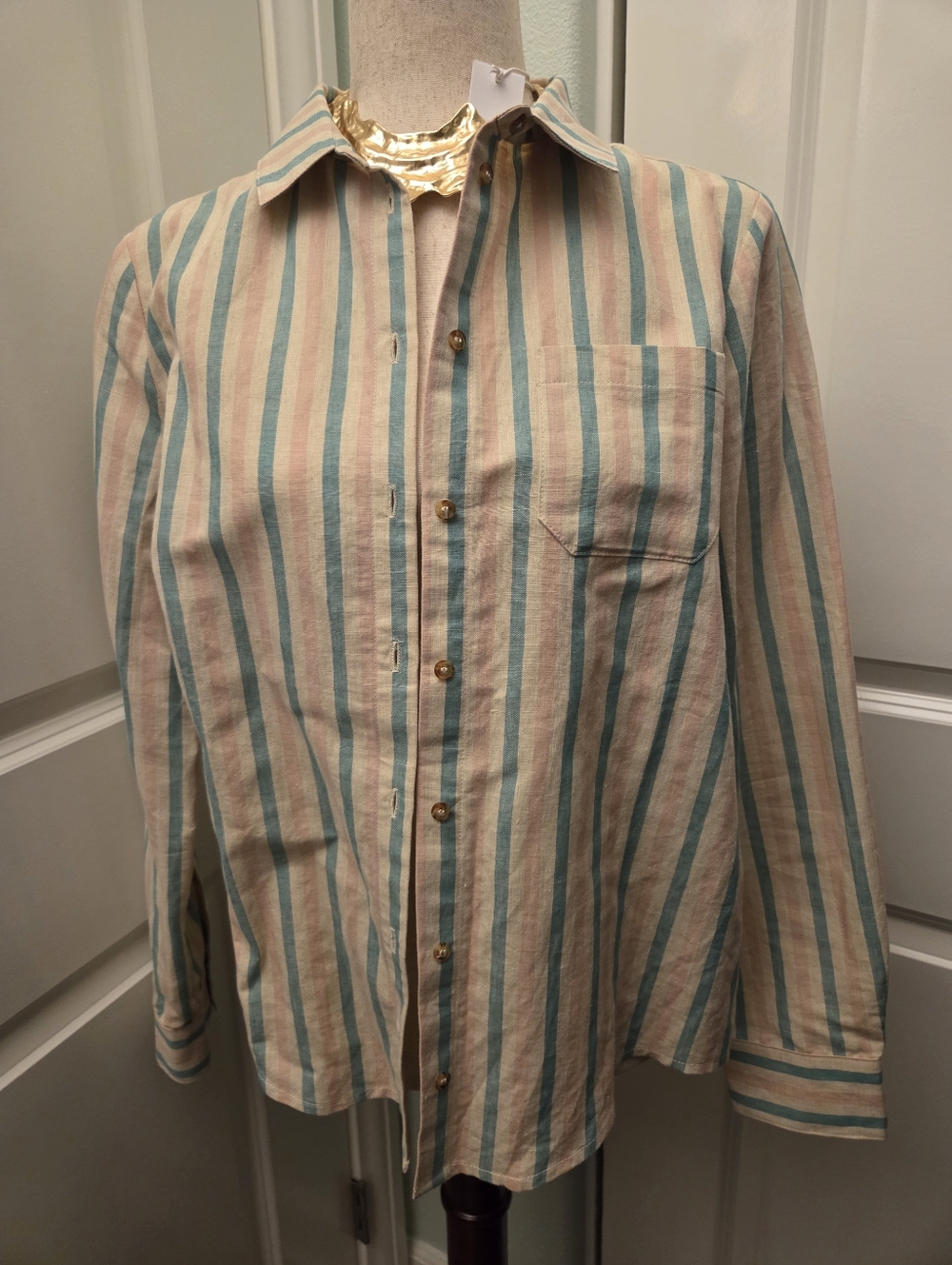 Sezane Tomboy Shirt With Scarf - Green Pink Striped Top Size 36 With Gift Bag